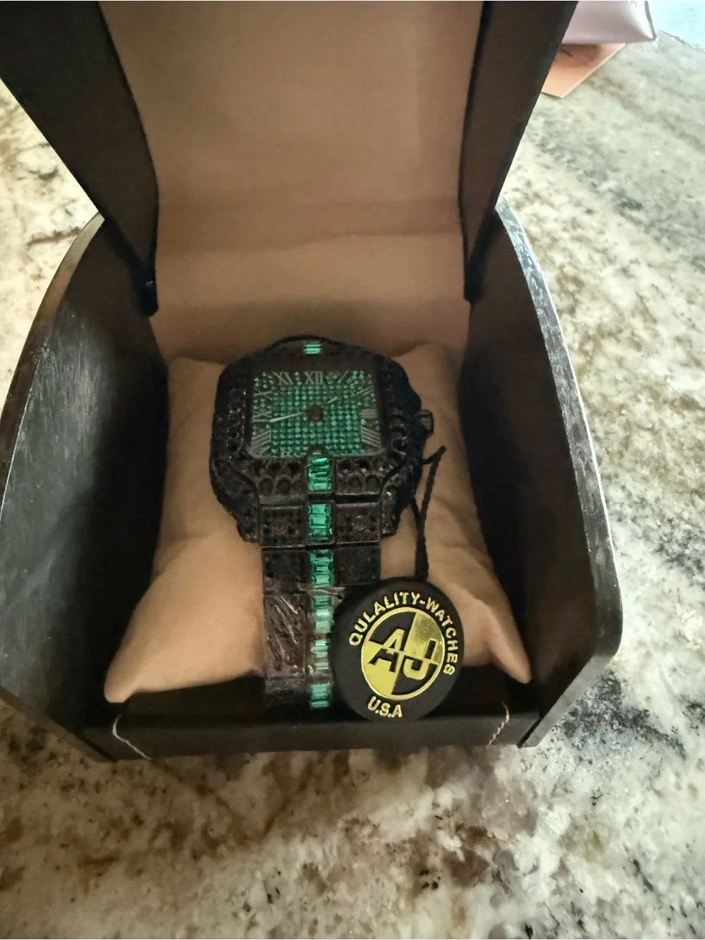 AJ Black and Green Luxury-Style Men's Wristwatch